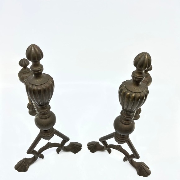 Antique 19th Century Victorian Brass Fire Dogs Andirons Reeded Finials Set TC7 - Picture 2 of 5
